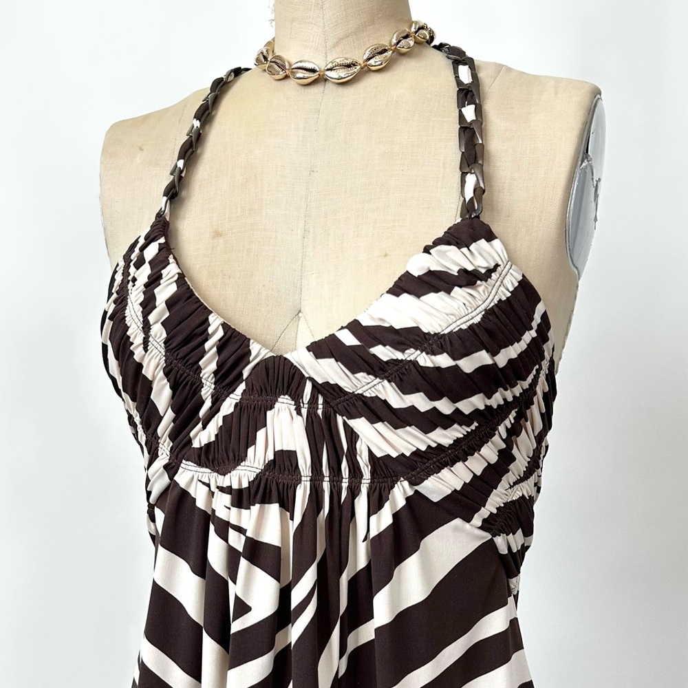 VINTAGE Y2K BCBGMaxazria Tiger Printed Mini Halter Dress Chain Neck Strap Mini-M - Picture 4 of 15